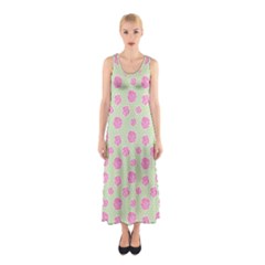 Roses Flowers Pink And Pastel Lime Green Pattern With Retro Dots Sleeveless Maxi Dress by genx