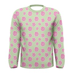 Roses Flowers Pink And Pastel Lime Green Pattern With Retro Dots Men s Long Sleeve Tee by genx