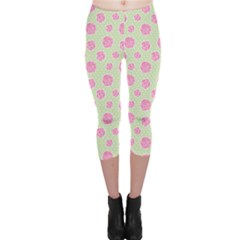 Roses Flowers Pink And Pastel Lime Green Pattern With Retro Dots Capri Leggings  by genx