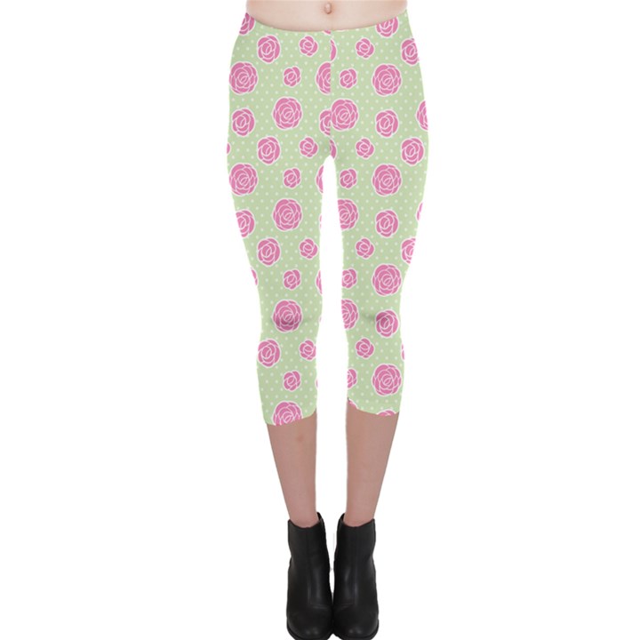 Roses flowers pink and pastel lime green pattern with retro dots Capri Leggings 