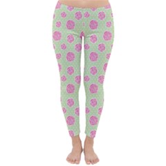 Roses Flowers Pink And Pastel Lime Green Pattern With Retro Dots Classic Winter Leggings by genx