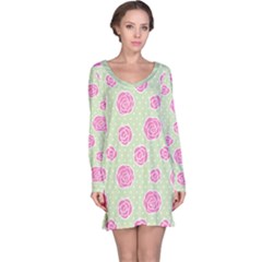 Roses Flowers Pink And Pastel Lime Green Pattern With Retro Dots Long Sleeve Nightdress by genx