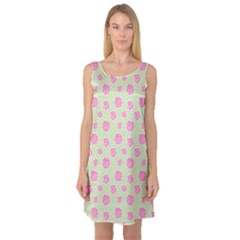 Roses Flowers Pink And Pastel Lime Green Pattern With Retro Dots Sleeveless Satin Nightdress