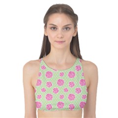 Roses Flowers Pink And Pastel Lime Green Pattern With Retro Dots Tank Bikini Top by genx