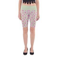 Roses Flowers Pink And Pastel Lime Green Pattern With Retro Dots Yoga Cropped Leggings by genx