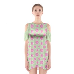 Roses Flowers Pink And Pastel Lime Green Pattern With Retro Dots Shoulder Cutout One Piece Dress by genx