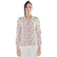 Roses Flowers Pink And Pastel Lime Green Pattern With Retro Dots Women s Windbreaker by genx