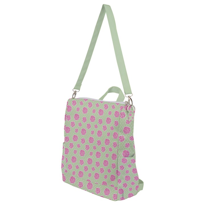 Roses flowers pink and pastel lime green pattern with retro dots Crossbody Backpack