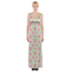 Roses Flowers Pink And Pastel Lime Green Pattern With Retro Dots Maxi Thigh Split Dress by genx