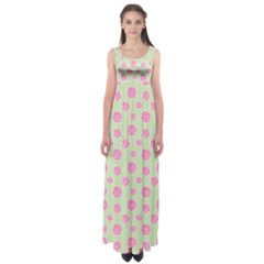 Roses Flowers Pink And Pastel Lime Green Pattern With Retro Dots Empire Waist Maxi Dress by genx