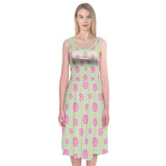 Roses Flowers Pink And Pastel Lime Green Pattern With Retro Dots Midi Sleeveless Dress by genx