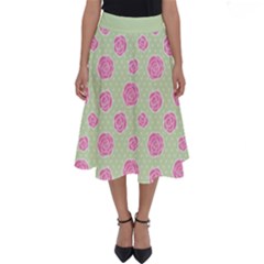 Roses Flowers Pink And Pastel Lime Green Pattern With Retro Dots Perfect Length Midi Skirt by genx