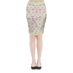 Roses Flowers Pink And Pastel Lime Green Pattern With Retro Dots Midi Wrap Pencil Skirt by genx