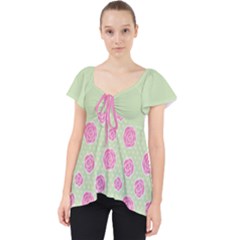 Roses Flowers Pink And Pastel Lime Green Pattern With Retro Dots Lace Front Dolly Top by genx