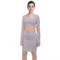 Roses Flowers Pink And Pastel Lime Green Pattern With Retro Dots Top And Skirt Sets by genx