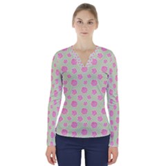 Roses Flowers Pink And Pastel Lime Green Pattern With Retro Dots V-neck Long Sleeve Top by genx