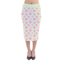 Roses Flowers Pink And Pastel Lime Green Pattern With Retro Dots Velvet Midi Pencil Skirt by genx