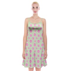 Roses Flowers Pink And Pastel Lime Green Pattern With Retro Dots Spaghetti Strap Velvet Dress by genx