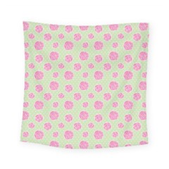 Roses Flowers Pink And Pastel Lime Green Pattern With Retro Dots Square Tapestry (small) by genx