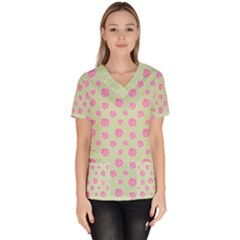 Roses Flowers Pink And Pastel Lime Green Pattern With Retro Dots Women s V-neck Scrub Top by genx