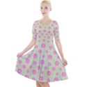 Roses flowers pink and pastel lime green pattern with retro dots Quarter Sleeve A-Line Dress View1