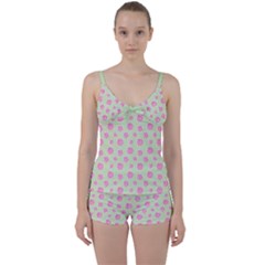 Roses Flowers Pink And Pastel Lime Green Pattern With Retro Dots Tie Front Two Piece Tankini by genx