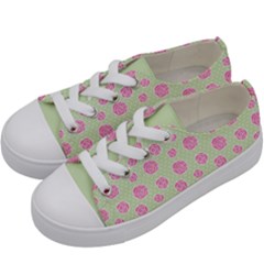 Roses Flowers Pink And Pastel Lime Green Pattern With Retro Dots Kids  Low Top Canvas Sneakers by genx