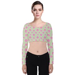 Roses Flowers Pink And Pastel Lime Green Pattern With Retro Dots Velvet Long Sleeve Crop Top by genx