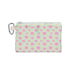 Roses Flowers Pink And Pastel Lime Green Pattern With Retro Dots Canvas Cosmetic Bag (small) by genx