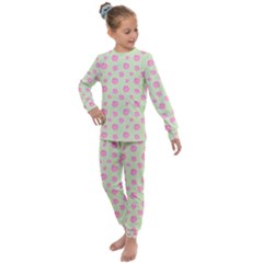 Roses Flowers Pink And Pastel Lime Green Pattern With Retro Dots Kids  Long Sleeve Set  by genx