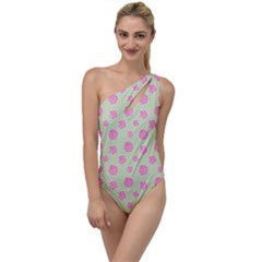 Roses Flowers Pink And Pastel Lime Green Pattern With Retro Dots To One Side Swimsuit by genx