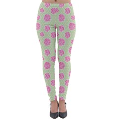 Roses Flowers Pink And Pastel Lime Green Pattern With Retro Dots Lightweight Velour Leggings by genx