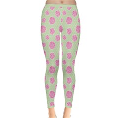 Roses Flowers Pink And Pastel Lime Green Pattern With Retro Dots Inside Out Leggings by genx