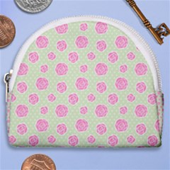 Roses Flowers Pink And Pastel Lime Green Pattern With Retro Dots Horseshoe Style Canvas Pouch by genx