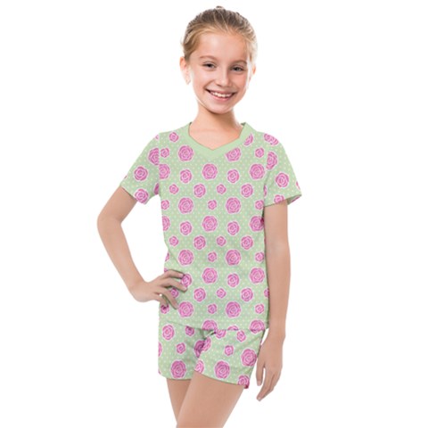 Roses Flowers Pink And Pastel Lime Green Pattern With Retro Dots Kids  Mesh Tee And Shorts Set by genx