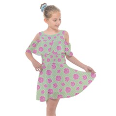 Roses Flowers Pink And Pastel Lime Green Pattern With Retro Dots Kids  Shoulder Cutout Chiffon Dress by genx