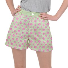 Roses Flowers Pink And Pastel Lime Green Pattern With Retro Dots Stretch Ripstop Shorts by genx