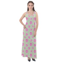 Roses Flowers Pink And Pastel Lime Green Pattern With Retro Dots Sleeveless Velour Maxi Dress by genx