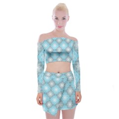 White Light Blue Gray Tile Off Shoulder Top With Mini Skirt Set by Pakrebo