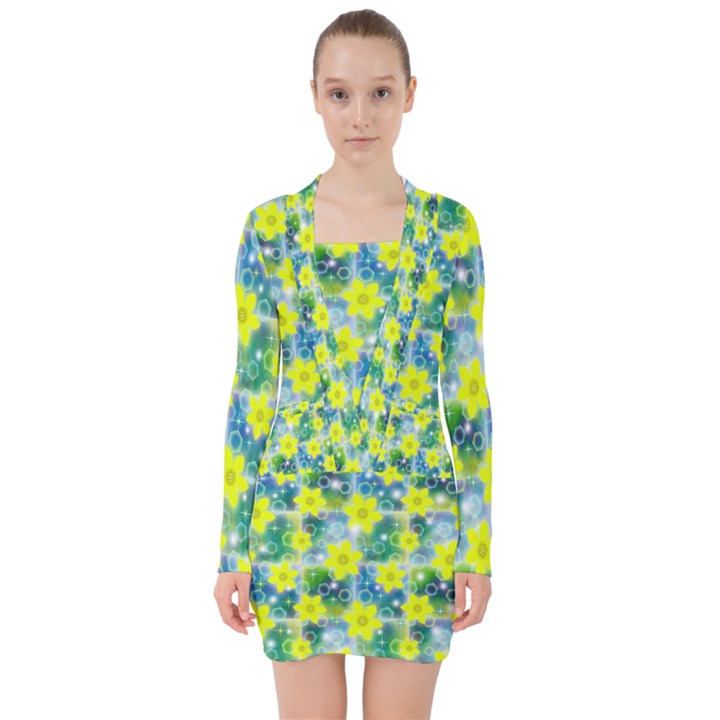 Narcissus Yellow Flowers Winter V-neck Bodycon Long Sleeve Dress