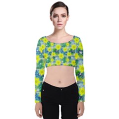 Narcissus Yellow Flowers Winter Velvet Long Sleeve Crop Top by Pakrebo