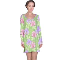 Lily Flowers Green Plant Natural Long Sleeve Nightdress by Pakrebo