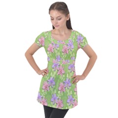 Lily Flowers Green Plant Natural Puff Sleeve Tunic Top by Pakrebo