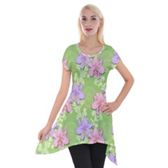 Lily Flowers Green Plant Natural Short Sleeve Side Drop Tunic by Pakrebo