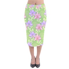 Lily Flowers Green Plant Natural Velvet Midi Pencil Skirt by Pakrebo