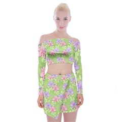 Lily Flowers Green Plant Natural Off Shoulder Top With Mini Skirt Set by Pakrebo