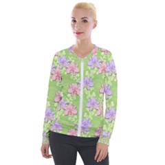 Lily Flowers Green Plant Natural Velour Zip Up Jacket