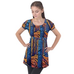 Woods Trees Abstract Scene Forest Puff Sleeve Tunic Top by Pakrebo