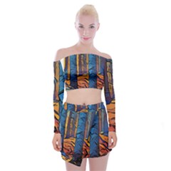 Woods Trees Abstract Scene Forest Off Shoulder Top With Mini Skirt Set by Pakrebo