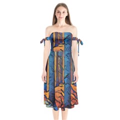 Woods Trees Abstract Scene Forest Shoulder Tie Bardot Midi Dress by Pakrebo